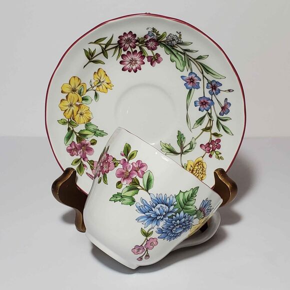 Spode Teacup and Saucer Romany Pink Blue Yellow Flowers - Picture 7 of 7